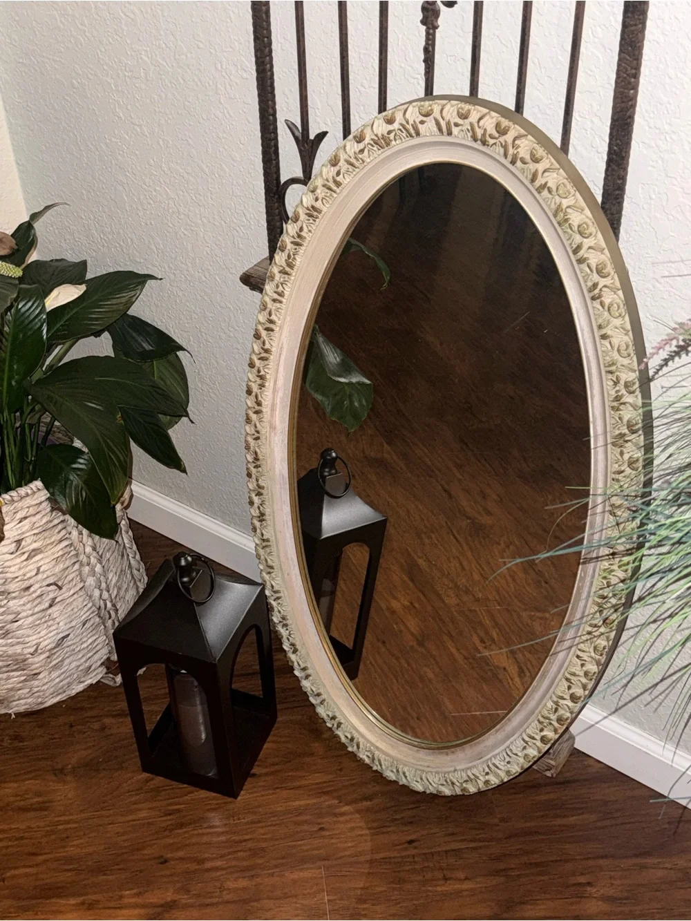 Vintage Oval Wall Mirror Featuring An Ornate, Off-White And Gold-Accented Frame